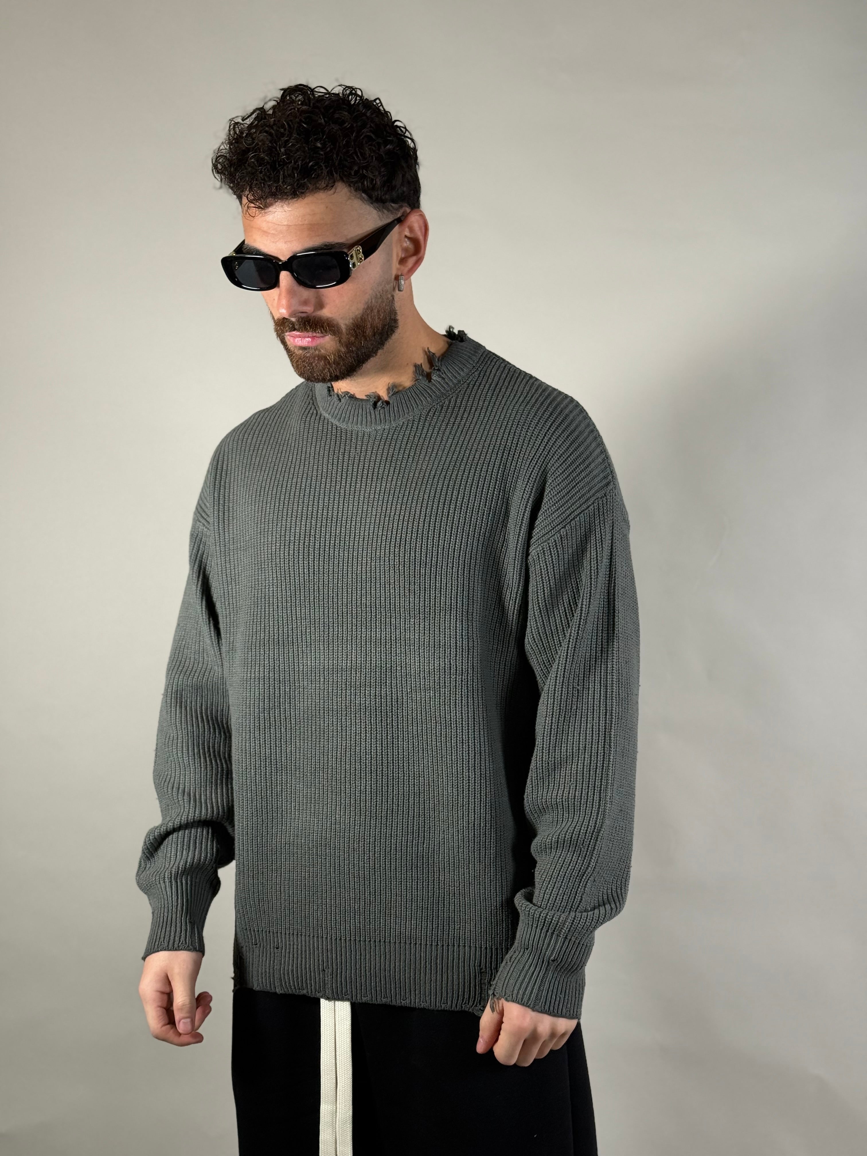 MAGLIONE SFRANGIATO VERDE MILITARE