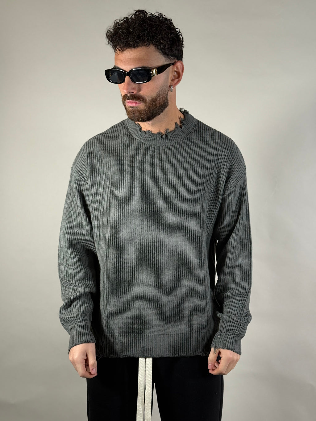 MAGLIONE SFRANGIATO VERDE MILITARE